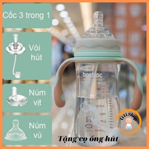 Bình sữa chống sặc, Bình Sữa BOCBOC 3 Trong 1 có ống hút cổ rộng có tay cầm dung tích 240ml cho bé