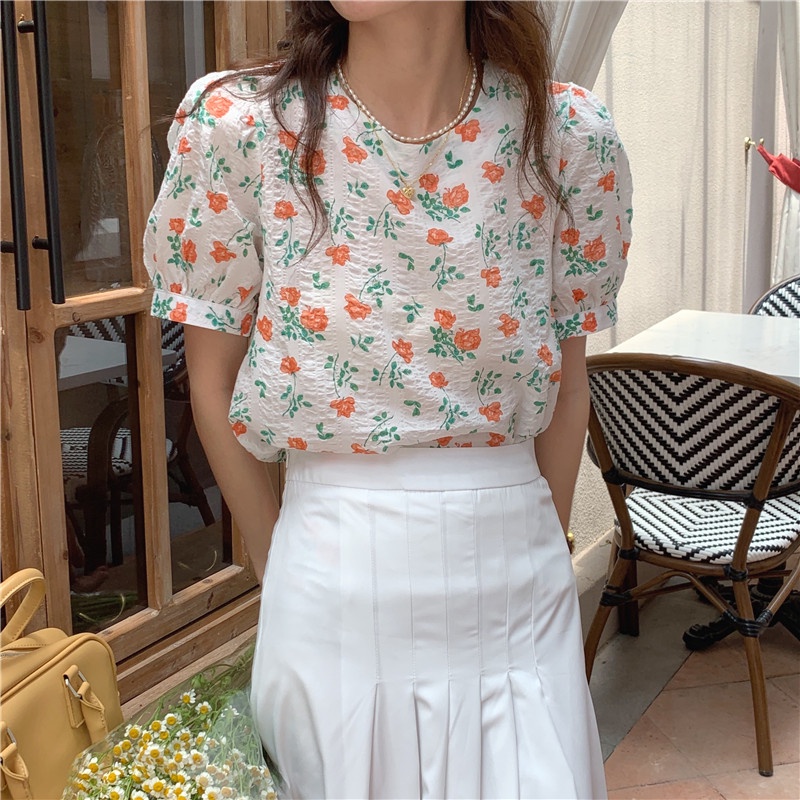 Set Áo Tay Phồng Cổ Tròn Màu Trơn + Chân Váy Dài Lưng Cao Xếp Ly Phong Cách Hàn Quốc Mới 44050