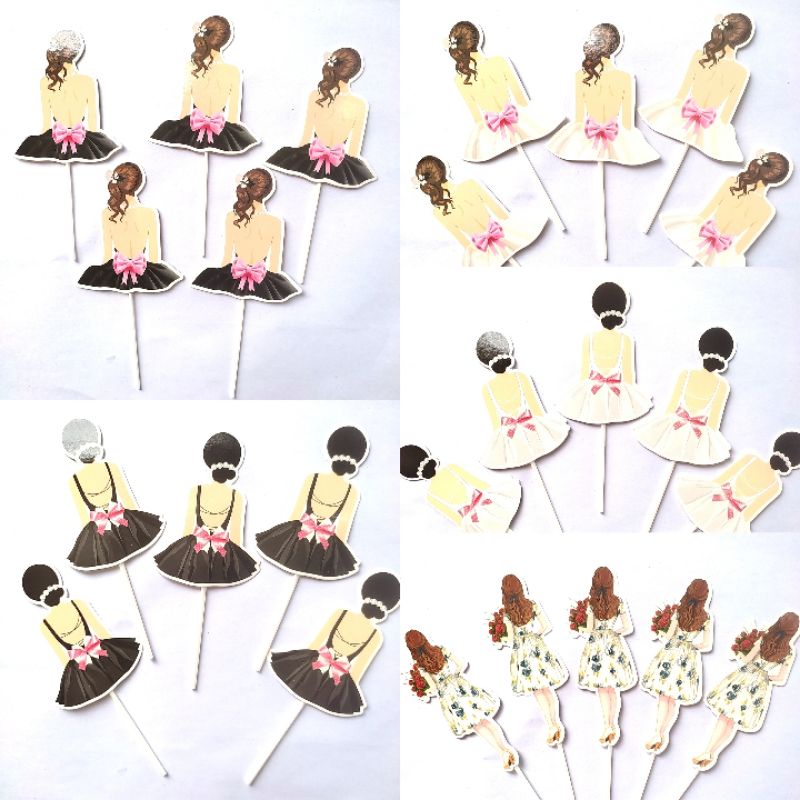 Set 5 thẻ cắm cô gái sau lưng trang trí bánh kem, hình giấy cô gái quay lưng trang trí bánh sinh nhật