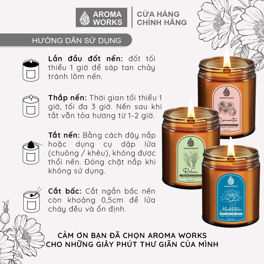 Nến thơm Spa Aroma Works liệu pháp mùi hương giúp dễ ngủ, thư giãn, lãng mạn, thoải mái 240g