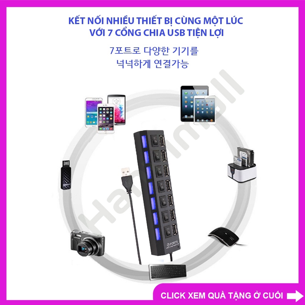 Combo Cáp sạc từ tính chống rối và bộ chuyển đổi USB 7 cổng