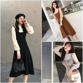 [ Hình thật ] D1574 Đầm len yếm dài 3 màu