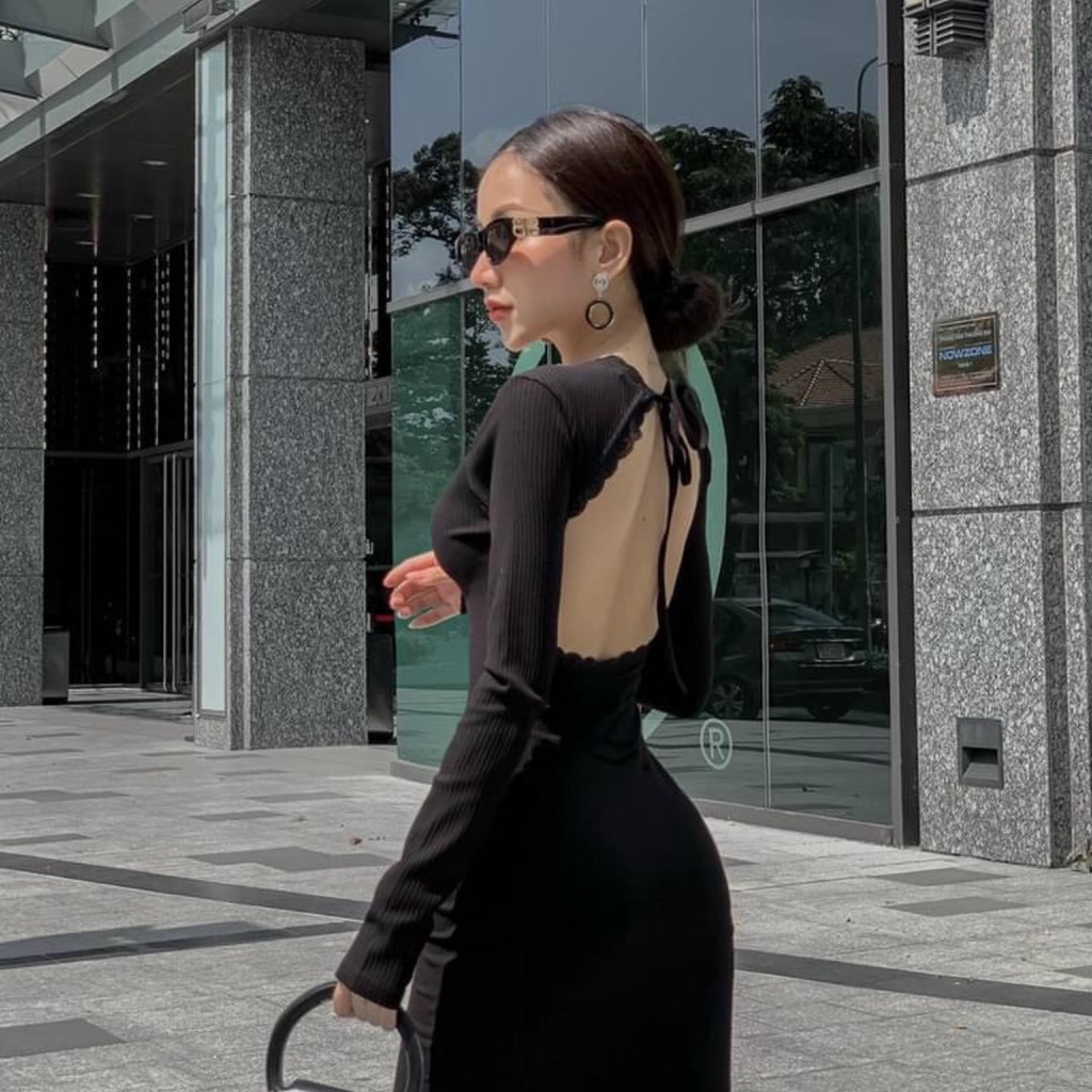 Đầm body tay dài hở lưng phối ren TIBU, Váy dự tiệc ôm sexy cho nữ sang chảnh