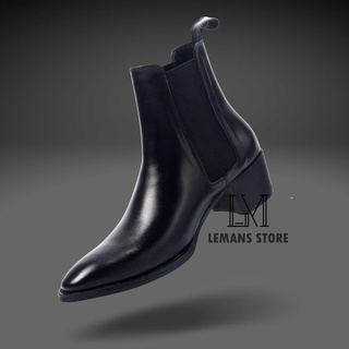 Giày da Chelsea Boots Lemans Black CB01,bản mũi nhọn, da bò cao ống cao chính hãng bảo hành 12 tháng