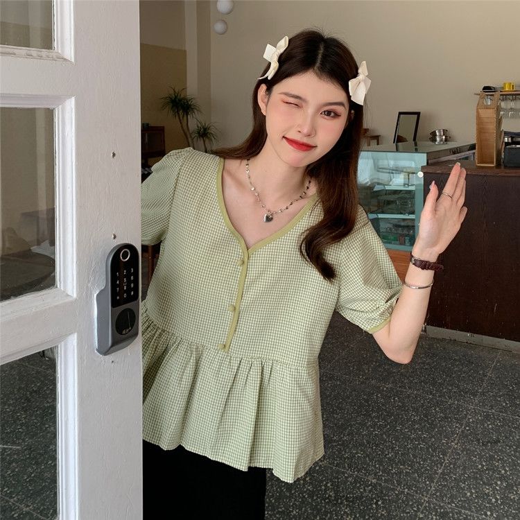 Áo tay ngắn cổ chữ V họa tiết caro thời trang mùa hè sang trọng dành cho nữ