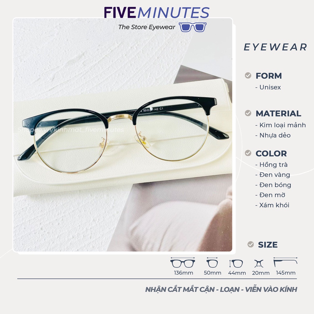 ❀❒Gọng kính cận nữ, chất liệu kim loại mảnh Lami tròn nửa viền Fiveminutes 6214 nhiều màu