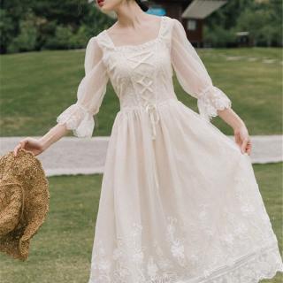 Đầm Dài Cổ Vuông Phong Cách Retro Pháp Thanh Lịch Cho Nữ