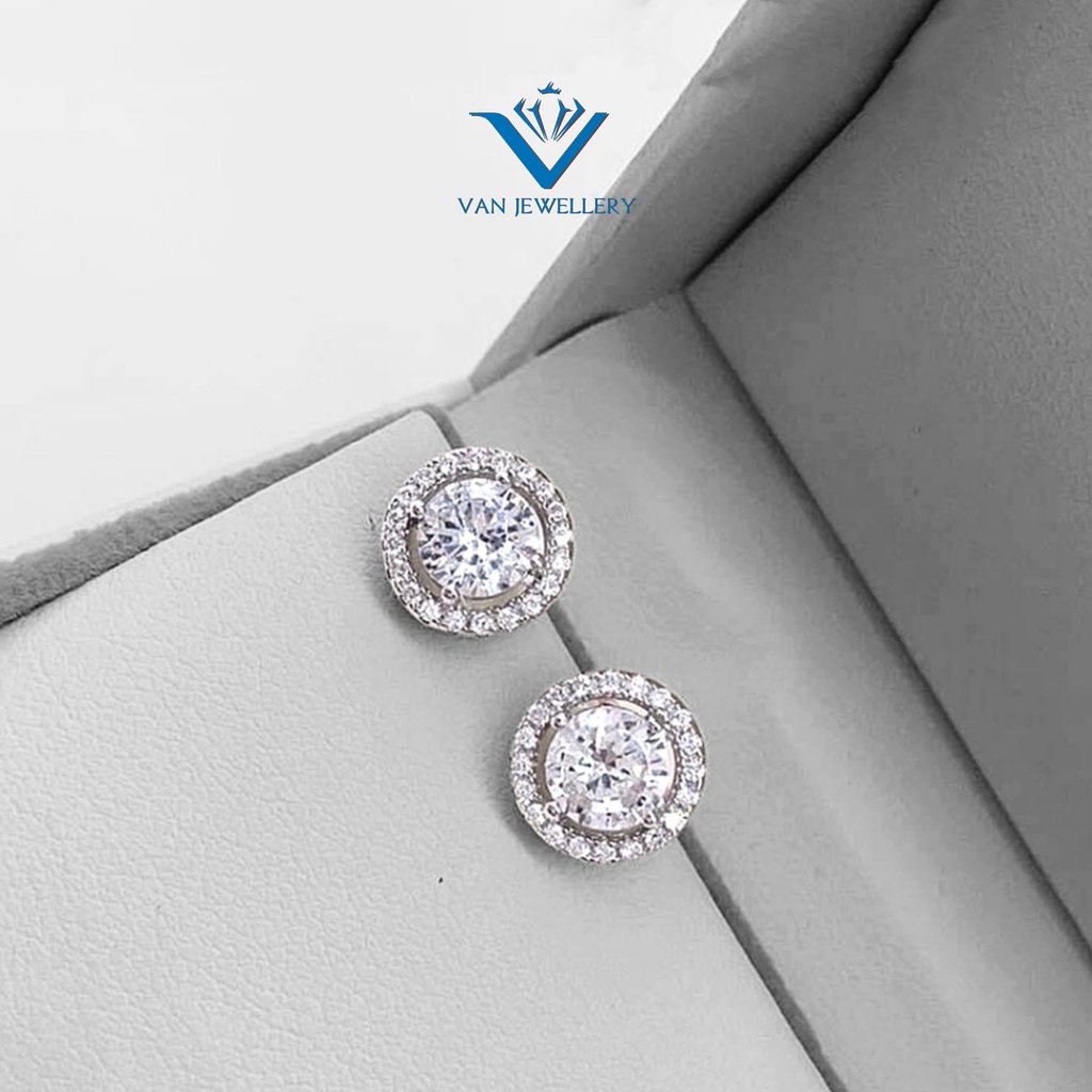 Bông tai bạc Bông tai mặt tròn đính đá lấp lánh Van jewelry bạc 925 V10003