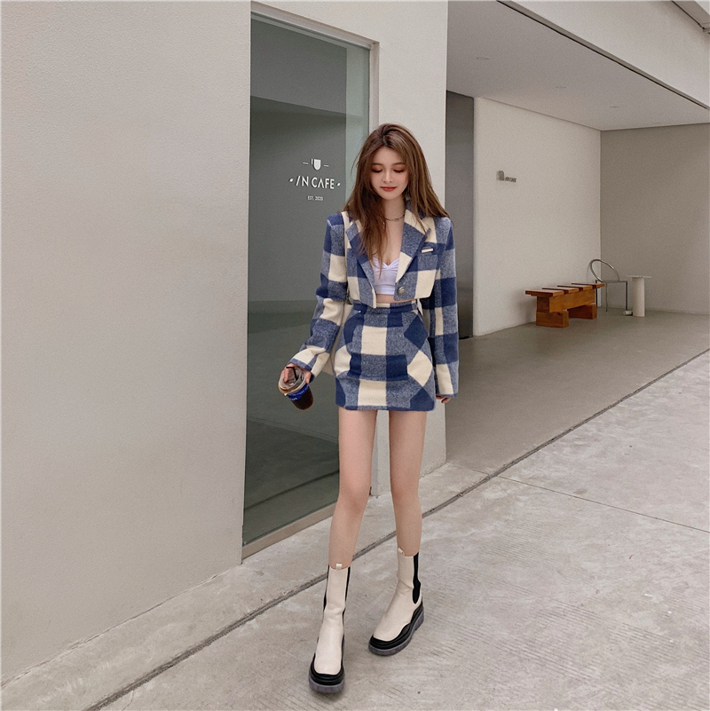 Set 2 Món Áo Sơ Mi Dài Tay Họa Tiết Ca Rô + Chân Váy Lưng Cao Thời Trang Dành Cho Nữ