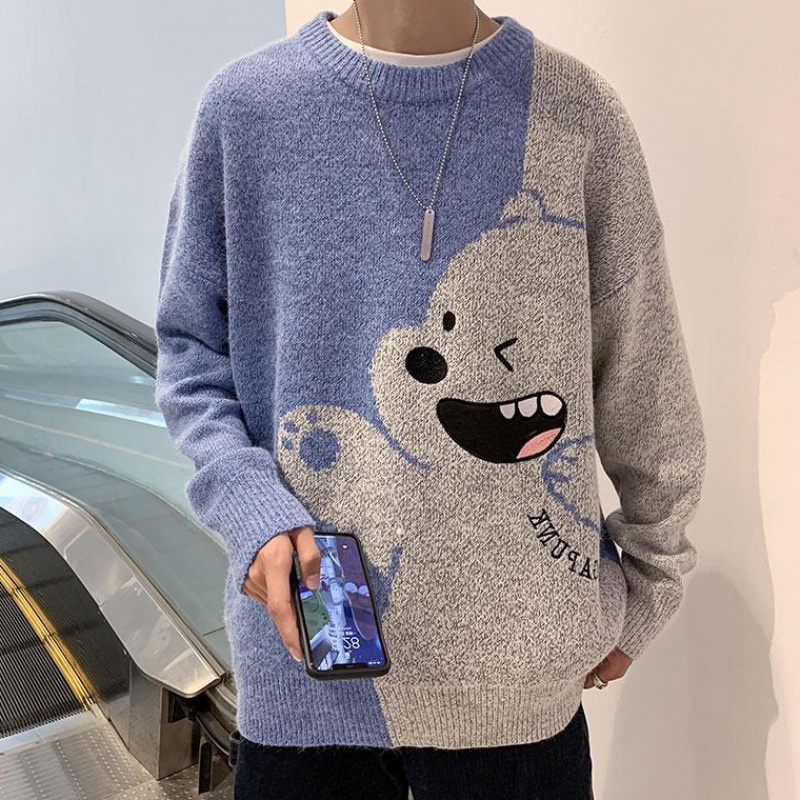 Áo Sweater Dệt Kim Tay Dài Dáng Rộng In Hoạt Hình Kiểu Hồng Kông Thời Trang Cho Nam Tf1