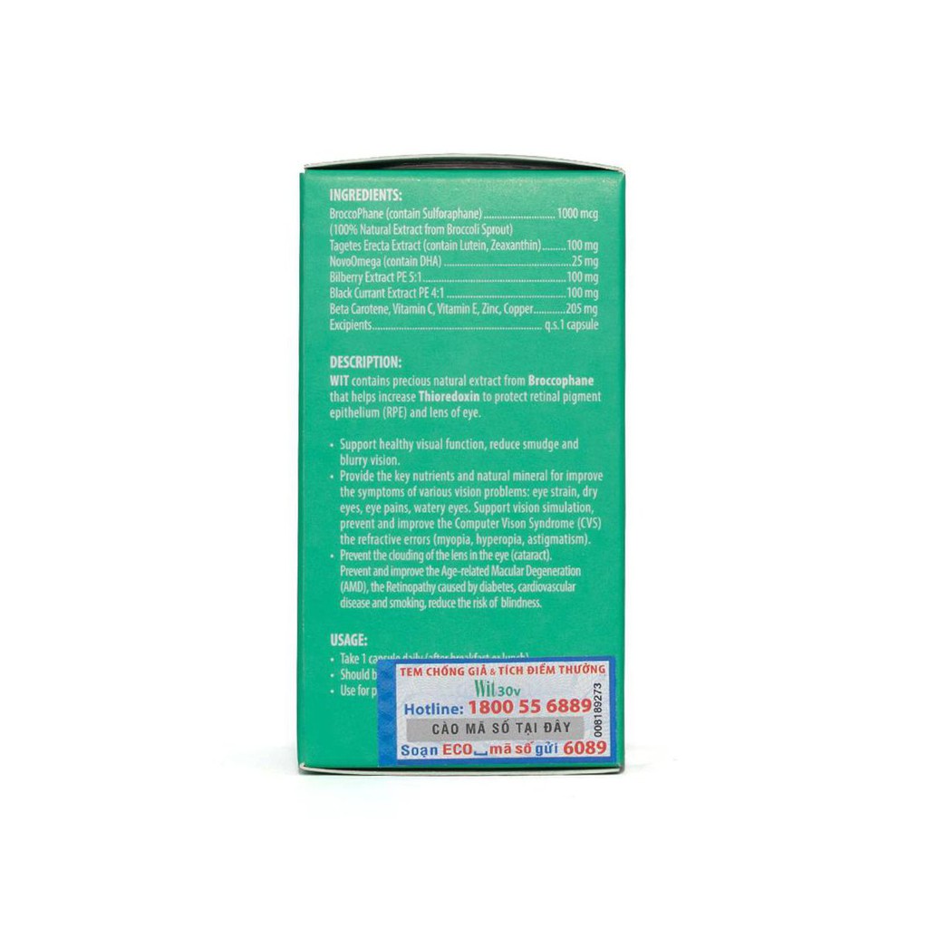 Viên Uống Bổ Mắt Wit 30 Viên - Hỗ trợ tăng cường thị lực, giảm mờ, giảm mỏi mắt,  bảo vệ từ bên mắt ngay từ bên trong.