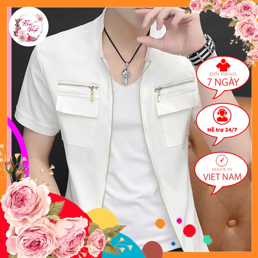 Áo sơ mi, Áo sơ mi nam cộc tay cổ phối khóa độc lạ,điểm nhấn 2 túi ngực trẻ trung, phong cách chất vải mềm mát T11