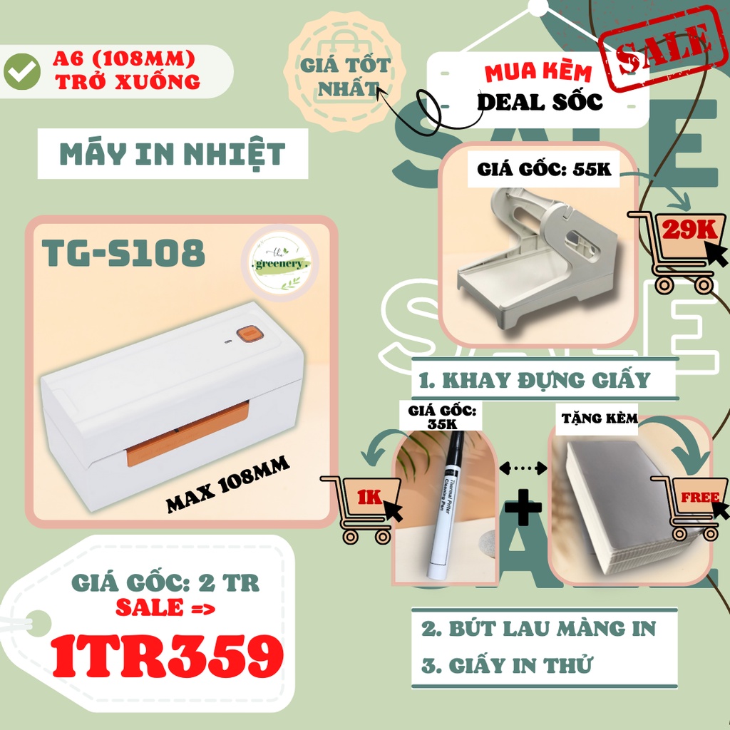 Máy in nhiệt The Greenery TG S80/ TG S108 In Đơn Hàng Shopee, Tem, Mã Vạch, Dùng Giấy In Nhiệt Tự Dính Phiên Bản Quốc Tế