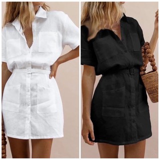 Váy đầm nữ kiểu sơ mi kèm thắt lưng- vải Linen