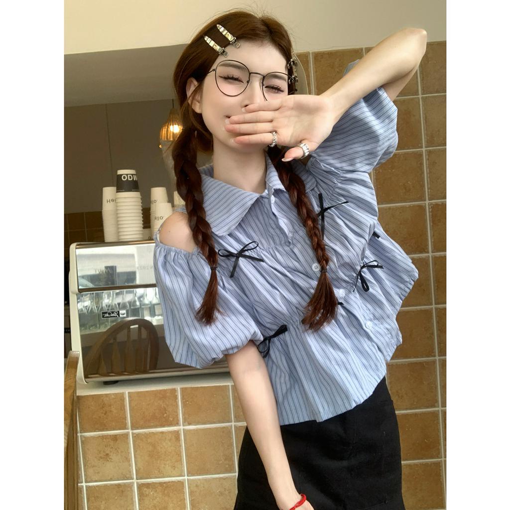 「 WELOVE1 」Áo Sơ Mi Tay Ngắn Phồng Phối Nơ Họa Tiết Kẻ Sọc Xanh Dương Thời Trang Hàn Quốc Dành Cho Bạn Nữ