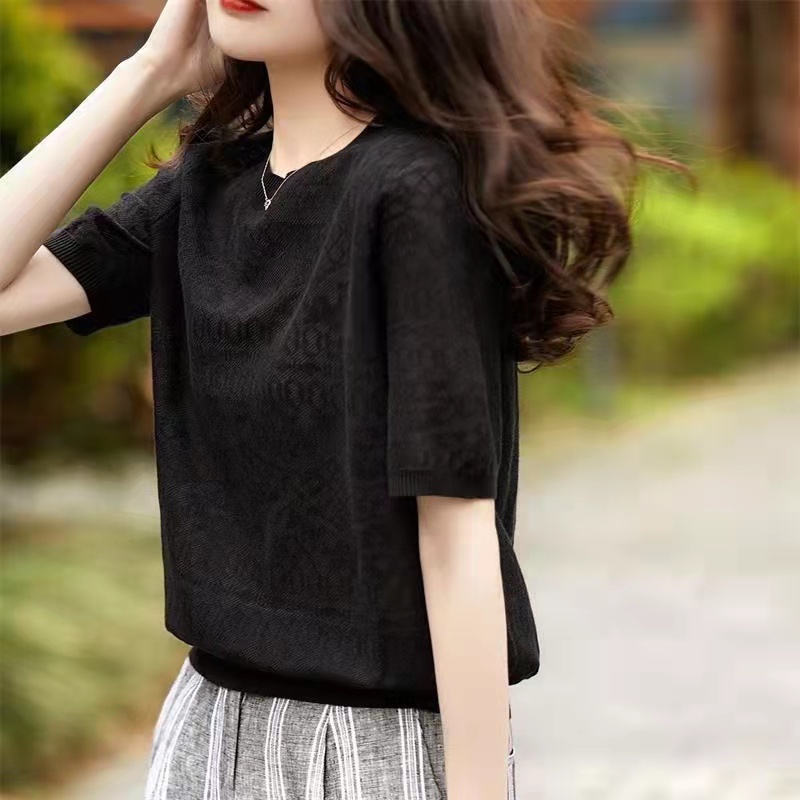 Áo Thun Lụa Lạnh Mỏng Mùa Hè Tay Cộc Họa Tiết Lưới Rỗng Ôm Dáng Cao Cấp Hợp Thời Trang Cho Nữ