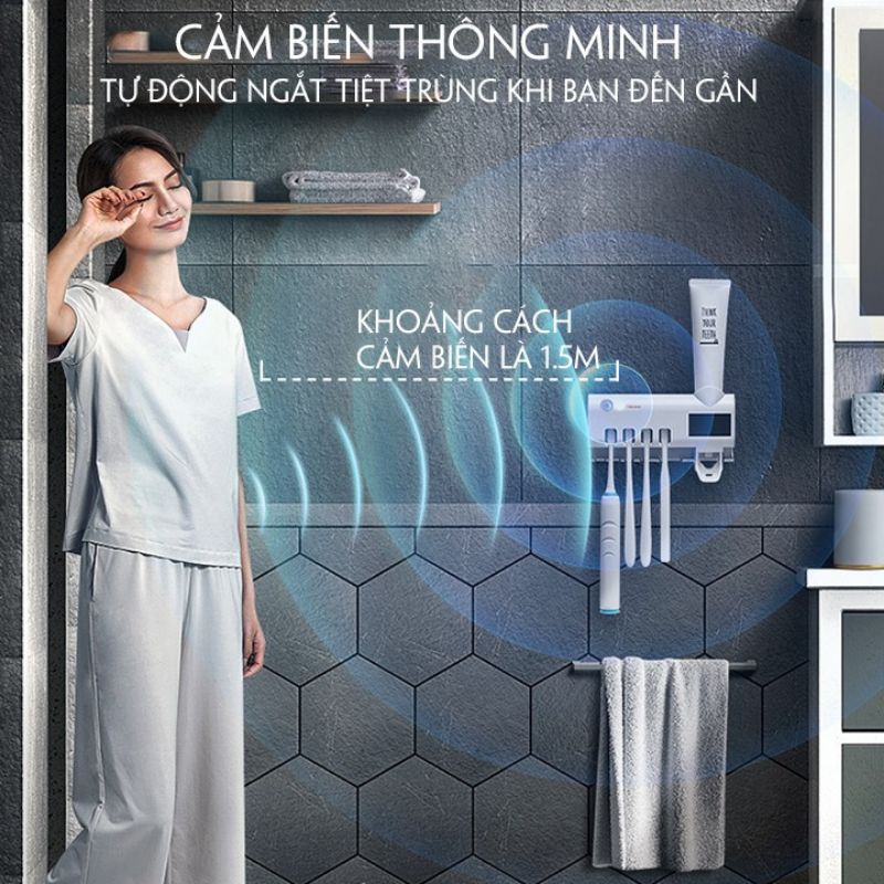 MVP2139 Giá treo bàn chải kết hợp bộ nhả kem đánh răng được trang bị khử khuẩn bằng tia UV