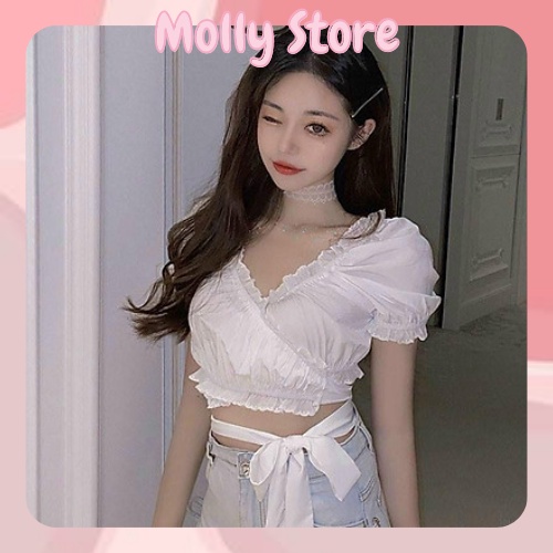 (MÃ ADCB04) Áo nữ croptop Molly cổ V đắp chéo nơ eo cột dây bèo 2 màu đen/trắng