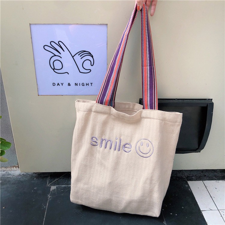 Túi Vải Tote Cỡ Lớn Smile Quai Thổ Cẩm P1582 - LoanTay