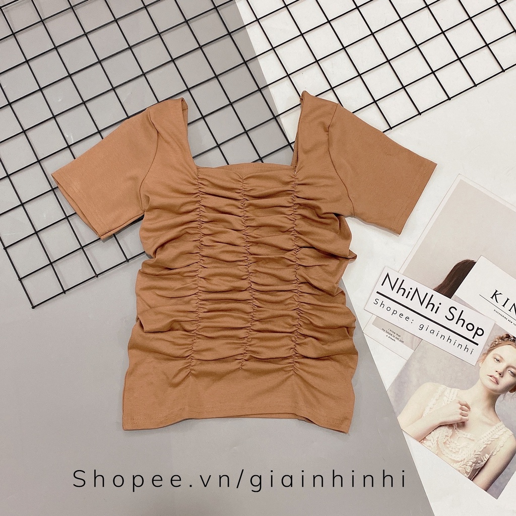 Áo thun ôm rúm thân cổ vuông tôn dáng, Áo kiểu dáng ôm ngắn tay cổ U AS6516 - NhiNhi Shop
