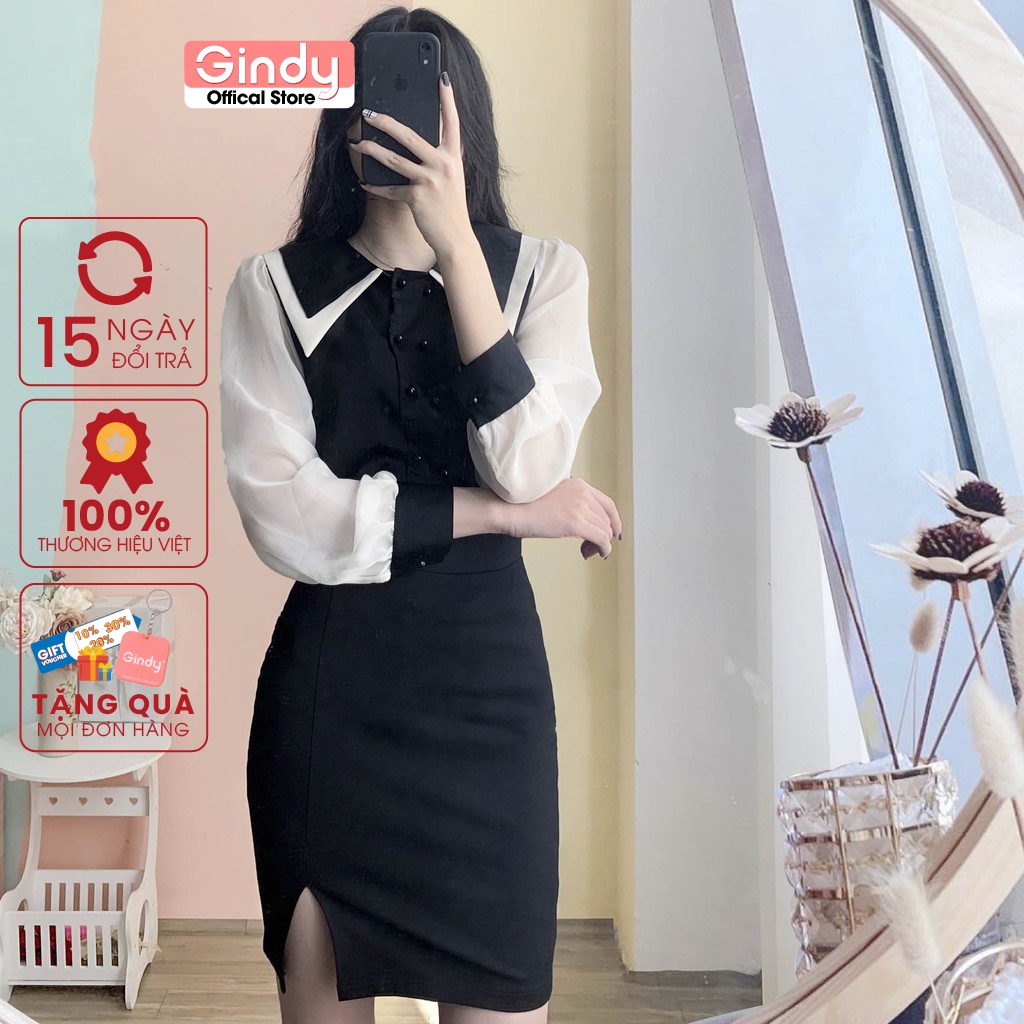 Áo sơ mi Hàn Quốc nữ GINDY lụa voan cổ bẻ hai lớp dài tay dáng basic trơn thời trang nữ công sở, học sinh A031