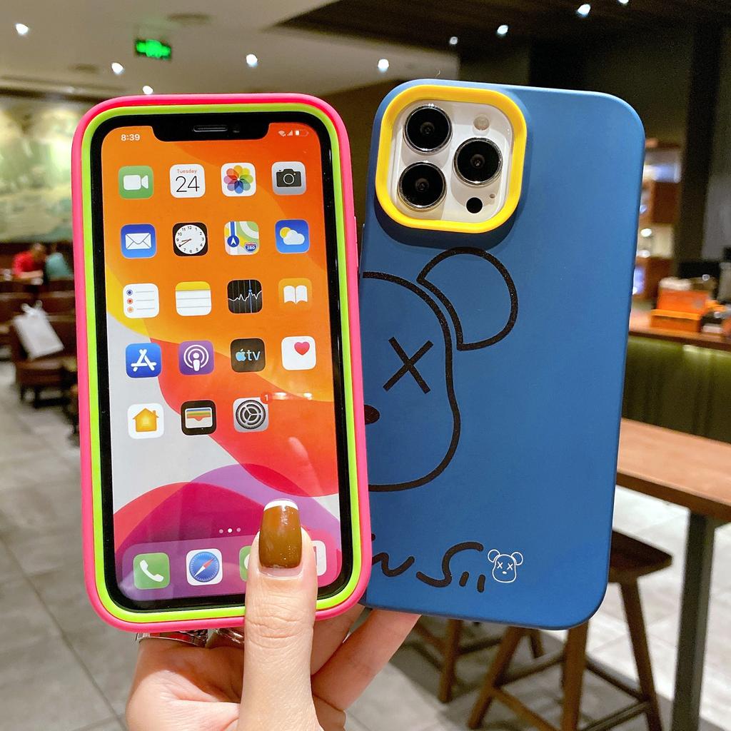Ốp điện thoại viền cong họa tiết gấu KAWS 3 trong 1 cho IPhone 13 12 11 7Plus X Xs Max XR