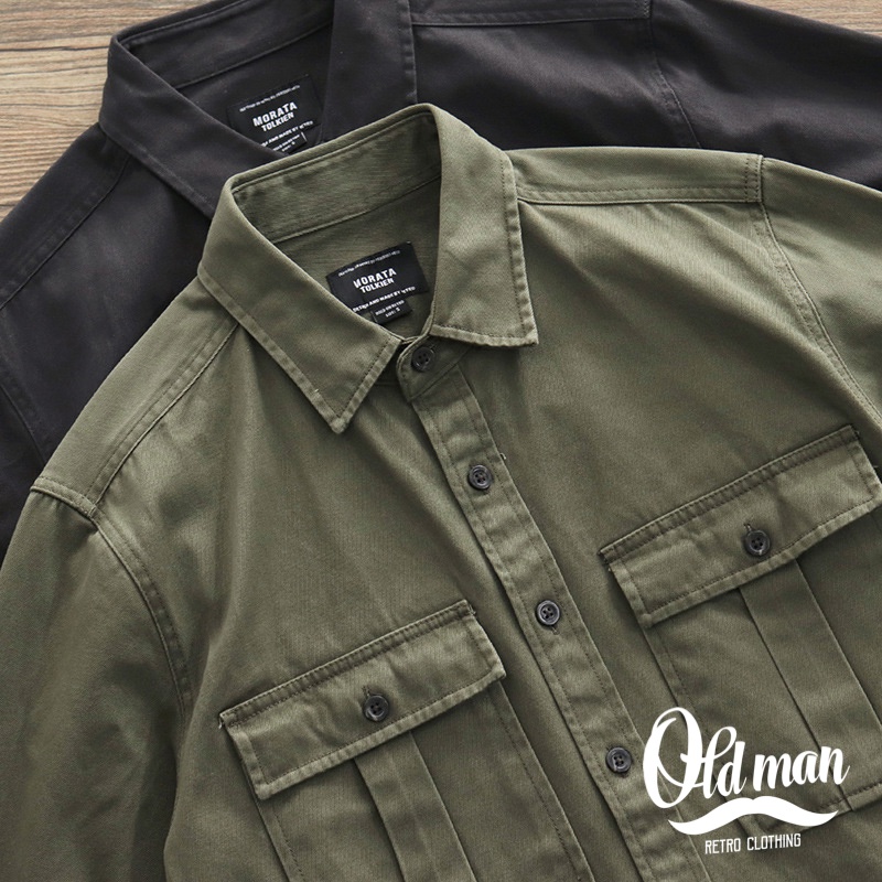 Áo Sơ Mi Retro Nam Có Túi OLDMAN, Áo Denim Cổ Bẻ Cổ Điển Phong Cách Vintage Màu Lính Dày Dặn