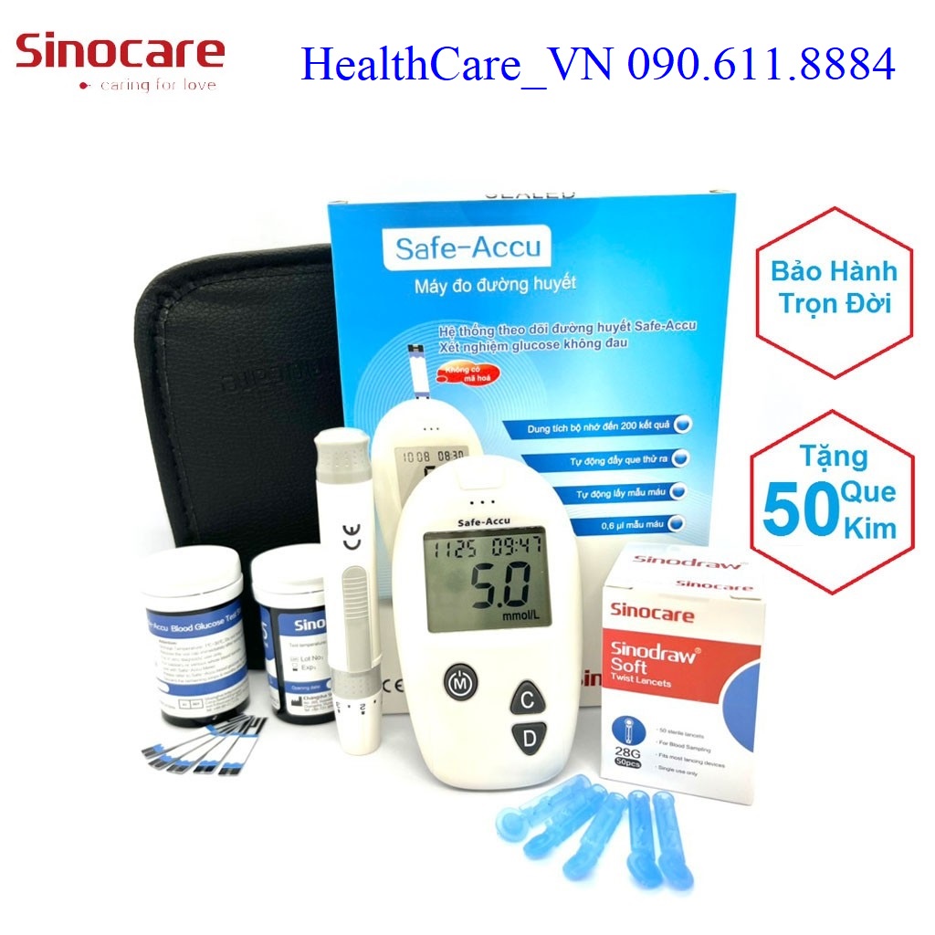 Máy Đo Đường Huyết Sinocare Safe - Accu Chính Hãng Tặng Kèm 50 Kim Que Thử + 50 Kim chích