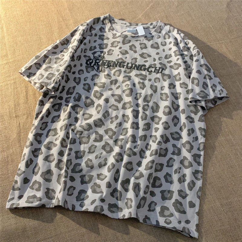 Áo Thun Tay Ngắn Dáng Rộng In Họa Tiết Da Báo Phong Cách Harajuku Hàn Quốc Thời Trang Mùa Hè Cho Nữ