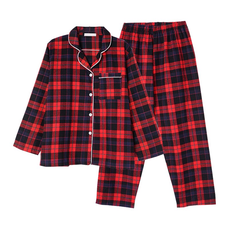 Bộ Pyjama thô cotton sọc caro đỏ viền cổ trắng