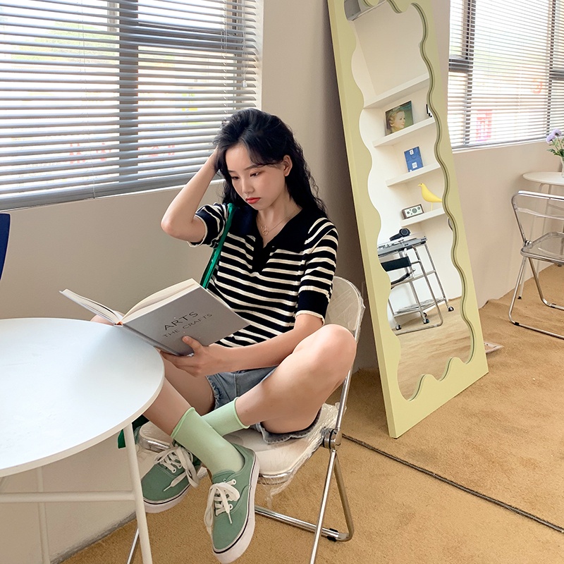 Áo thun nữ Ngắn tay Kẻ Sọc ngang Chất lụa băng Cổ V Form rộng Có Cổ bẻ POLO Áo phông nữ Tay ngắn Thời trang | BigBuy360 - bigbuy360.vn