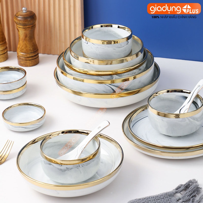 Chén chấm, chán ăn cơm, tô bát &amp; đĩa sứ màu trắng vân đá viền vàng sang trọng phong cách Bắc Âu