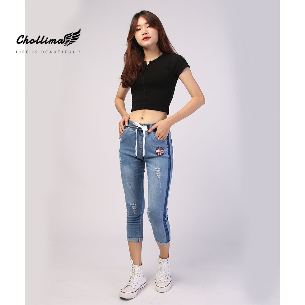 Quần jeans nữ lưng thun Chollima 2 viền màu xanh nhạt QD019 - Quần bò 9 tấc lưng thun | BigBuy360 - bigbuy360.vn