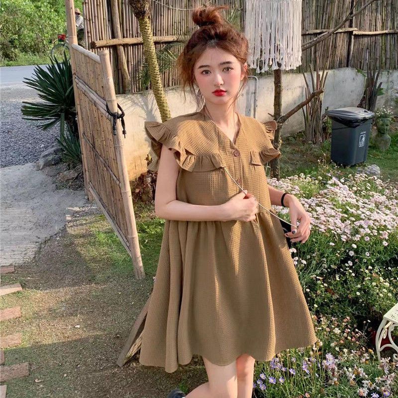 Đầm Tay Ngắn Phối Ren Màu Cà Phê Thời Trang Mùa Hè Hàn Quốc 2022 Mới