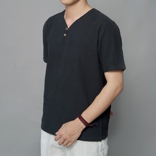 Áo linen cộc tay cổ V 2 nút cài Rough