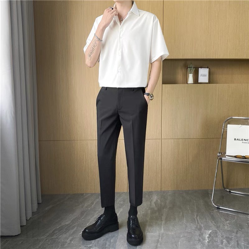 Áo sơ mi nam giấu cúc fom rộng Unisex vải mềm mượt co giãn nhẹ sơ mi che nút nam tay ngắn mẫu mới mã TN 27