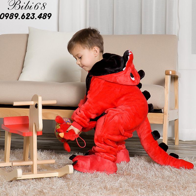 Bộ Đồ thú Khủng Long đỏ liền thân lông mịn Pijama dành Cho Người Lớn và Trẻ Em kiểu dáng Động Vật Hoạt Hình Cosplay