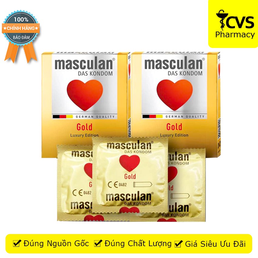 Bao Cao Su Masculan Gold Luxyry 03 Chiếc - Ánh Vàng Kim, Hương Vanilla Khử Mùi - cvspharmacy