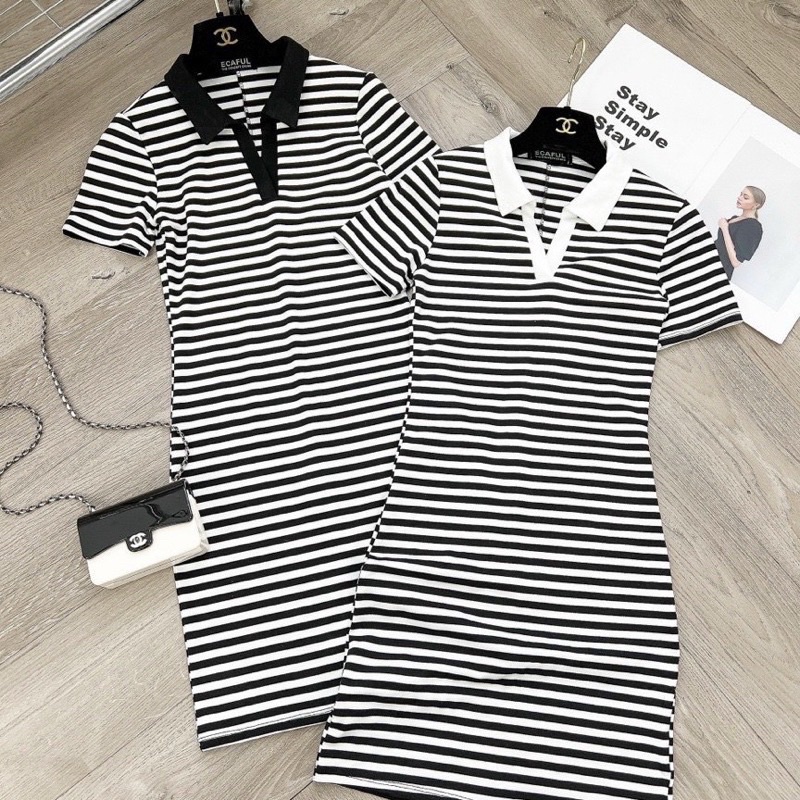Váy body kẻ ngang cổ bẻ xẻ Đầm polo bó sexy