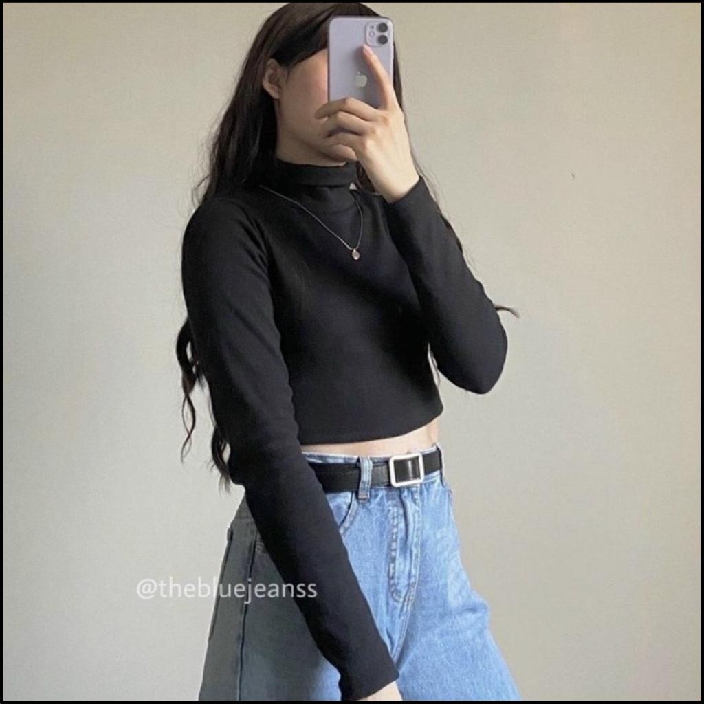 Áo Croptop tay dài cổ lọ basic chất thun gân dày mịn A034