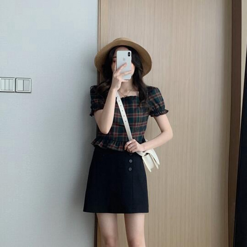 Áo cổ vuông họa tiết sọc ca rô tay ngắn phong cách retro sành điệu trẻ trung