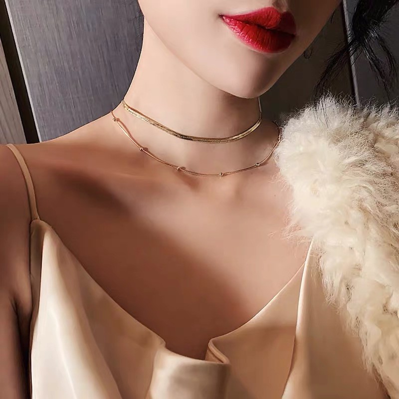 Dây chuyền thép titan mạ vàng hồng 18k đính hạt tròn phong cách âu mỹ chống thấm nước chống dị ứng không phai màu
