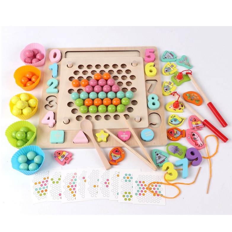 Giáo Cụ Montessori Đồ Chơi Gỗ Kết Hợp Câu Cá Gắp Hạt Xếp Hình Khối, Lắp Số Kèm Xâu Dây Giúp Bé Phát Triển Tư Duy