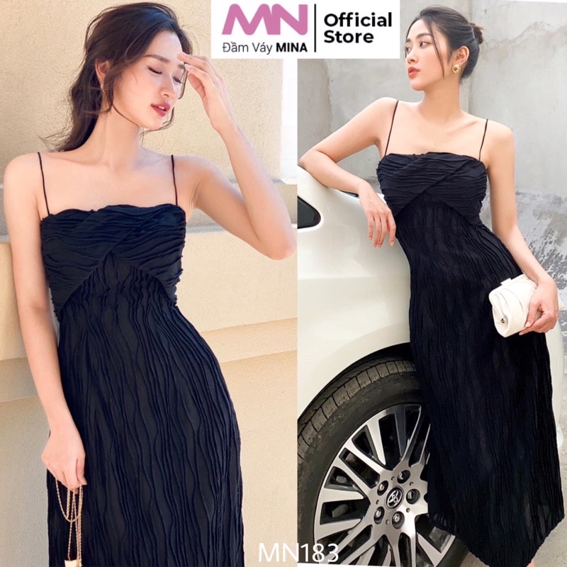 Đầm hai dây đen ôm body dáng dài MINA thun gợn sóng hàng đẹp mặc dự tiệc, đi chơi, sinh nhật, hẹn hò quyến rũ MN183