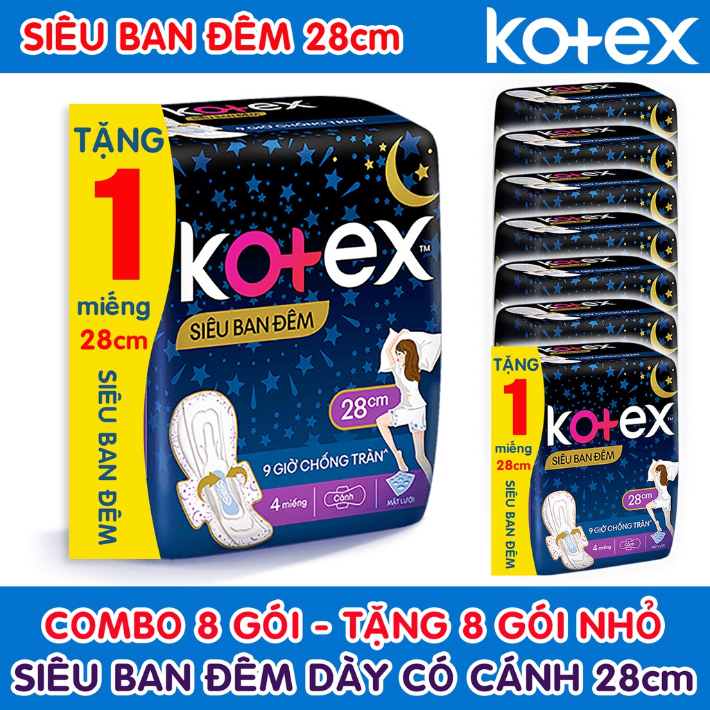 Combo 8 Gói Băng Vệ Sinh Kotex Siêu Ban Đêm Có Cánh 28cm - Tặng 8 Miếng Cùng Loại ( 1 Gói 4 Miếng )