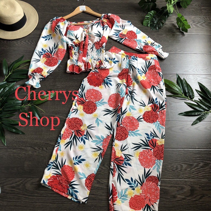 set đồ bộ lụa hoa tiểu thư áo thun dún quần ống rộng fom dưới 55 siêu hot