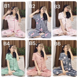 Bộ lụa/ pijama hoạ tiết áo cộc - quần dài