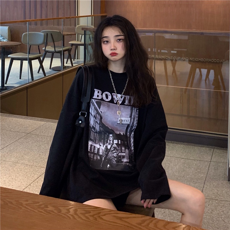  Xiaozhainv Áo Thun Tay Dài Cổ Tròn Màu Đen In Họa Tiết Phong Cách Hàn Quốc Cho Nữ | BigBuy360 - bigbuy360.vn