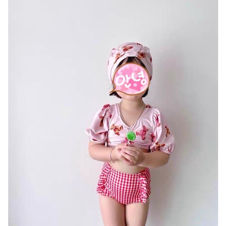 Bộ Đồ Bơi Ba Mảnh Áo Tay Ngắn + Quần Short + Nón Bơi Cho Bé Gái