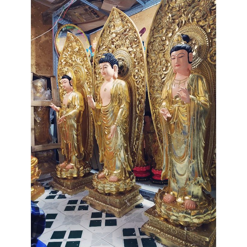 Bộ tượng Tây phương tam thánh dát vàng 1.6m cả lá đề